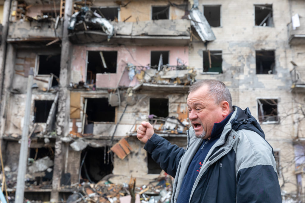 A residential building damaged by an enemy aircraft in the Ukrainian capital Kyiv